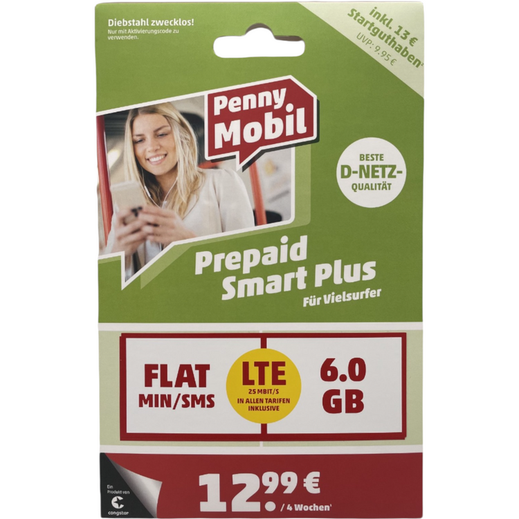 PennyMobil Prepaid Simkarte D1 Smart Plus / Smart Max - inkl. 13 - 20 € SGH