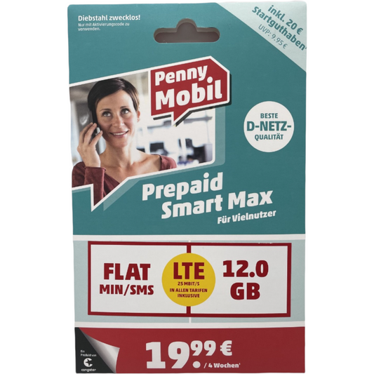 PennyMobil Prepaid Simkarte D1 Smart Plus / Smart Max - inkl. 13 - 20 € SGH