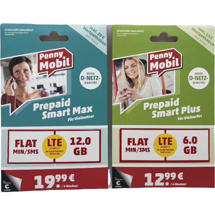 PennyMobil Prepaid Simkarte D1 Smart Plus / Smart Max - inkl. 13 - 20 € SGH